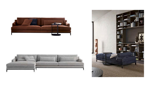 Three different sofas shown in a collage with a minimalistic living room setting.