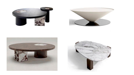 Collage of various coffee tables with different designs and finishes.