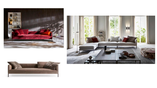 Two modern living room scenes with sofas and decor.
