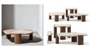Set of coffee tables with marble top and wooden legs on a white background