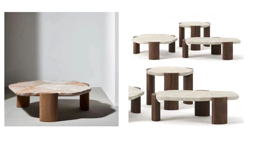 Set of coffee tables with marble top and wooden legs on a white background