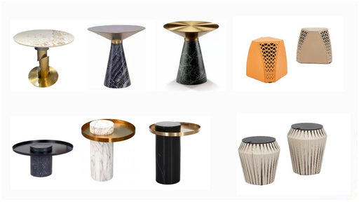 Collection of various side tables with different designs and finishes on a white background