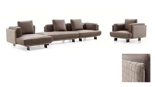 Brown sectional sofa with two armchairs on a white background