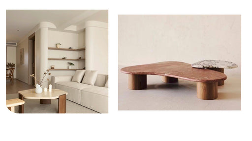 Modern living room with a wooden coffee table and neutral decor.