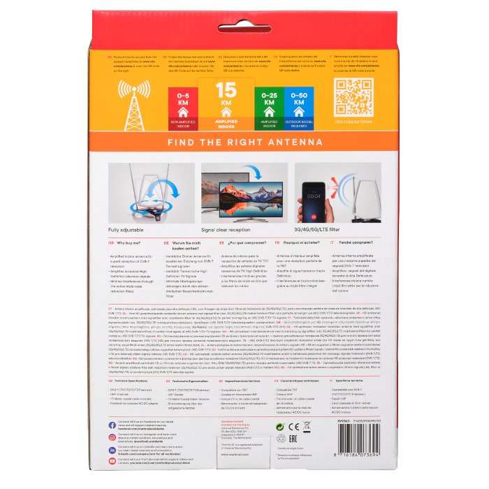 Antena digital One For All para interiores, amplificada hasta 45 dB de ganancia, alcance hasta 15 km